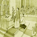 Illustration: Father Anthony leading mass, facing the altar, holding up the chalice