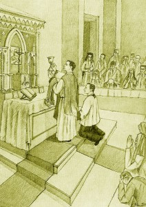 Illustration: Father Anthony leading mass, facing the altar, holding up the chalice