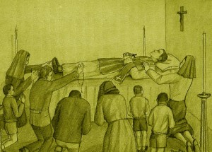 Illustration: Father Anthony lying while others pray by his side