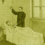 Illustration: Father Anthony standing bed-side a sick child in hospital